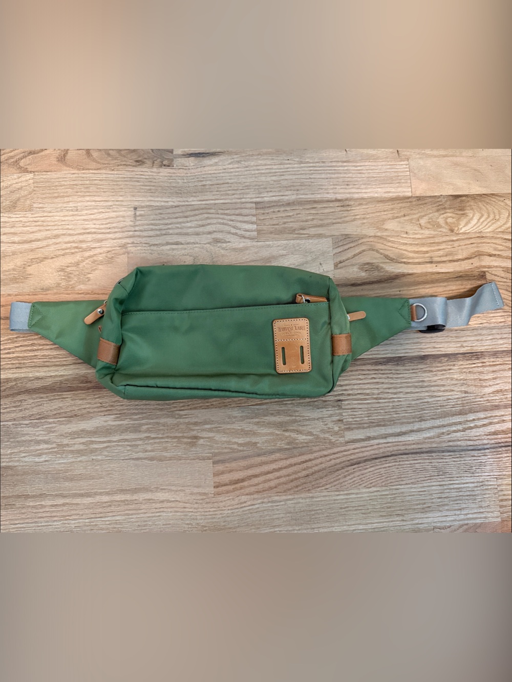 Olive Green Waist Pack with Tan Leather Trim